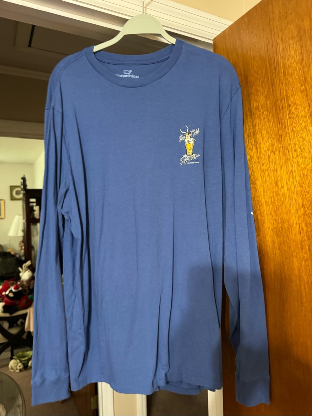 Vineyard Vines Blue Long Sleeve Tee with Yellow Beer Graphic